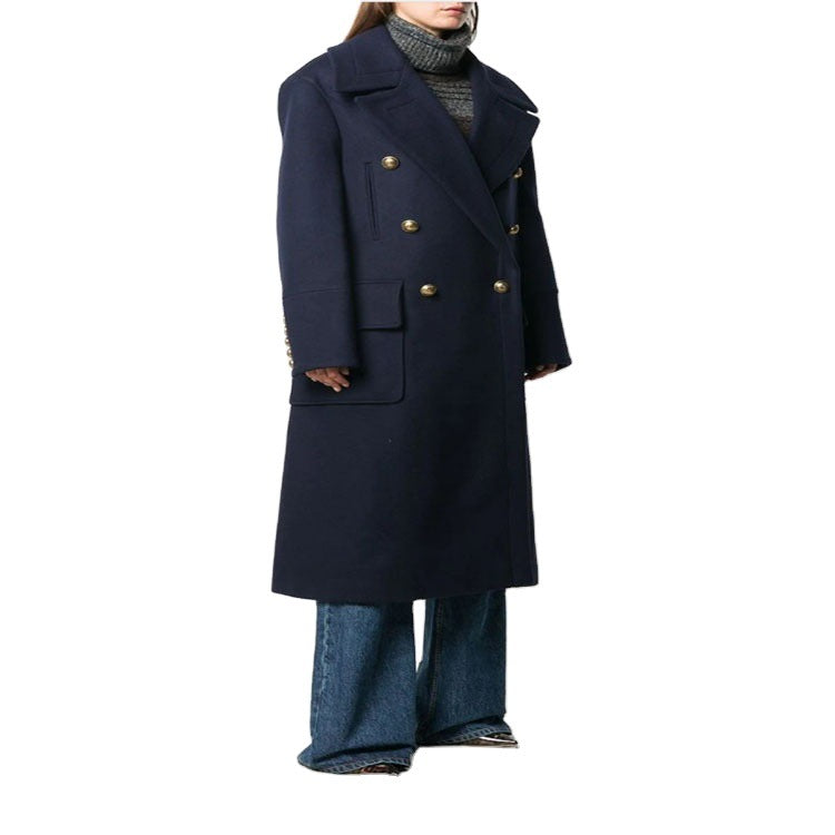 Women’s navy-inspired double-breasted long coat made of wool blend with oversized lapels Chichicherry