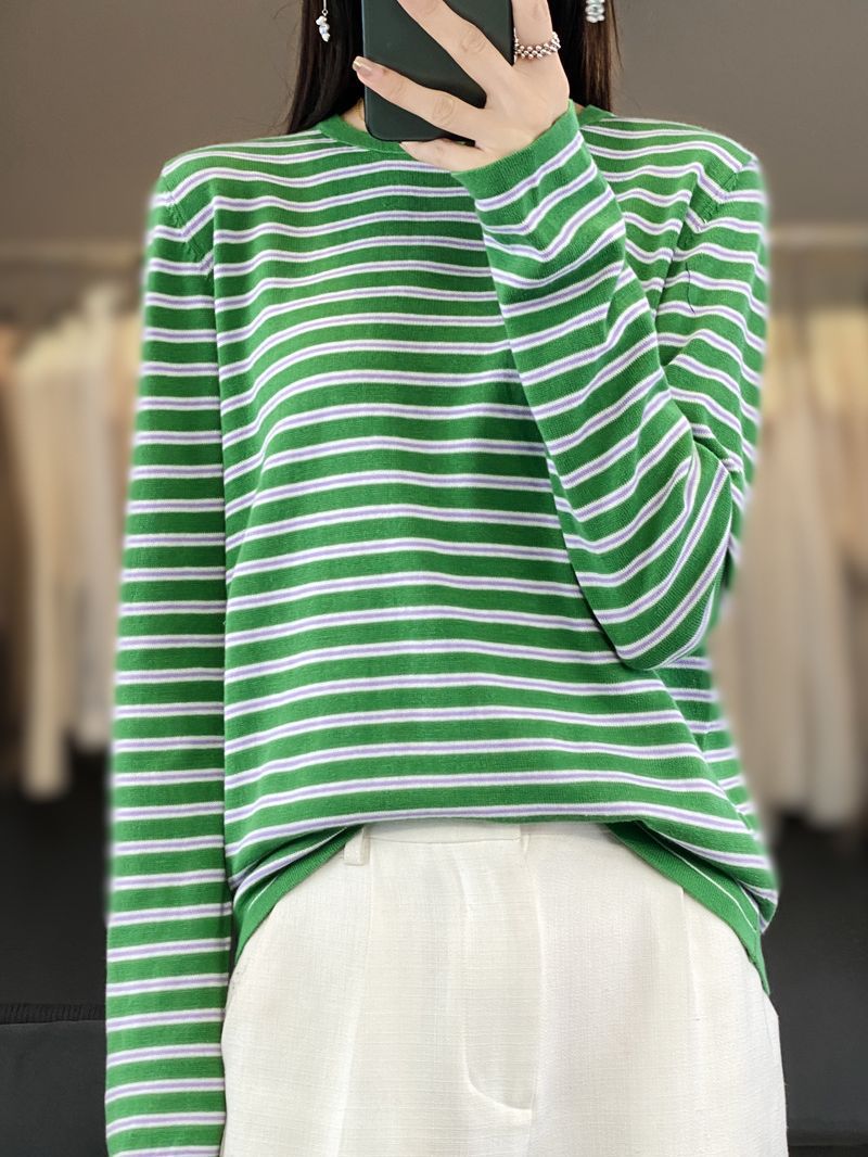 Women Lightweight Cotton Blend Striped Sweater with Round Neck, Raglan Sleeves and Casual Silhouette Chichicherry