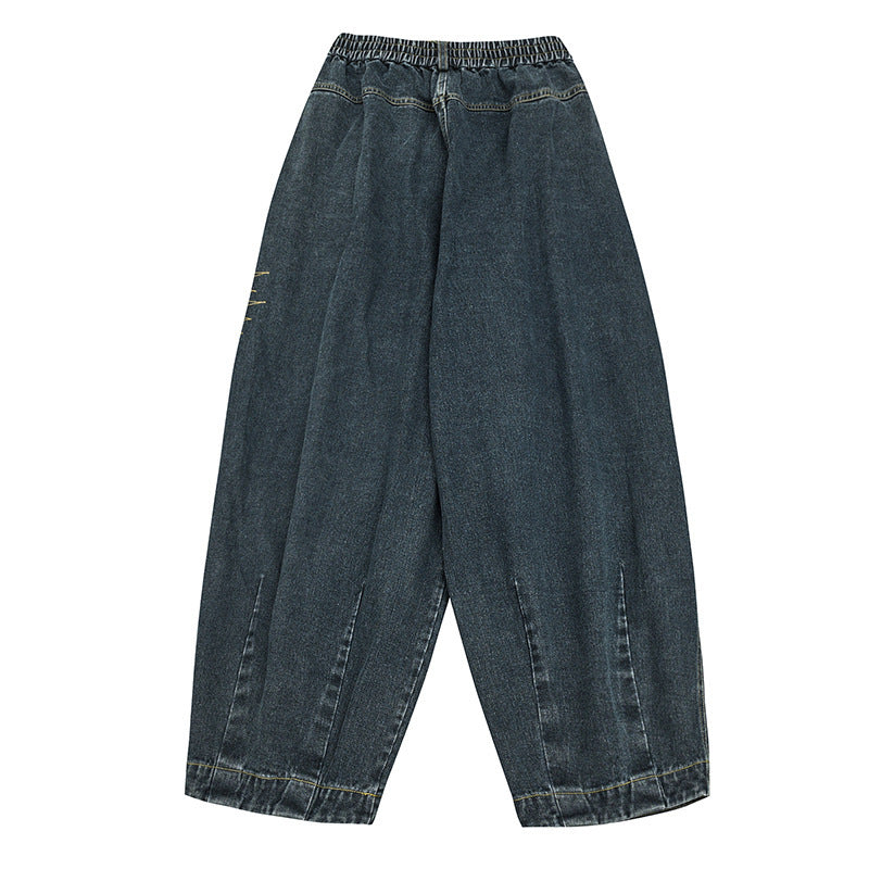 Ladies Wide Denim Pants with Pleats, Elastic Waistband and Casual Silhouette Chichicherry
