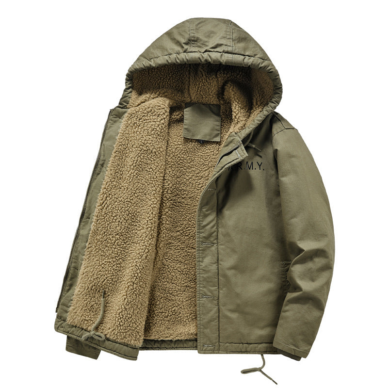 Men's padded hoodie in canvas look with Sherpa lining and Chichicherry military print