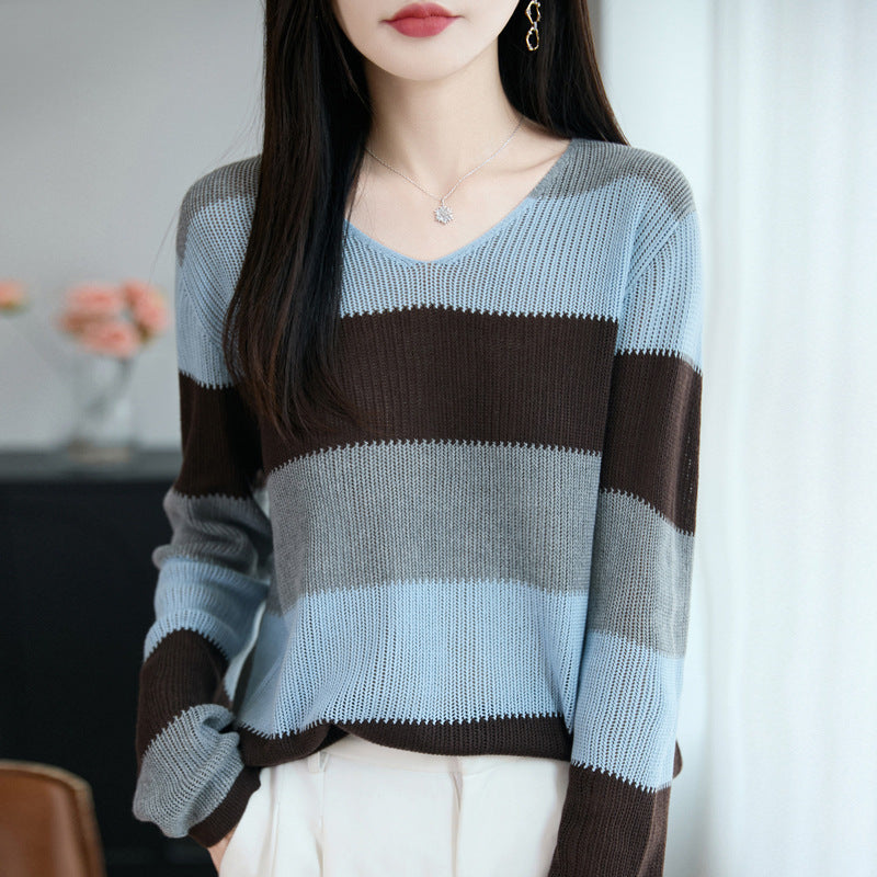 Women Light V-Neck Fine Knit Sweater with Wide Block Stripes and Relaxed Fit Chichicherry