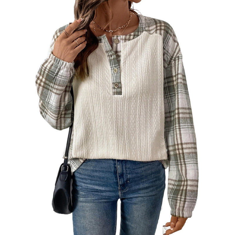 Women's Long-Sleeve Knit Blend Shirt with Checkered Sleeves, Henley Button Placket & Structure Mix Chichicherry