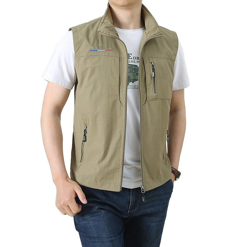 Men's Softshell Utility Vest with Stand-Up Collar and Multi-Pockets Chichicherry