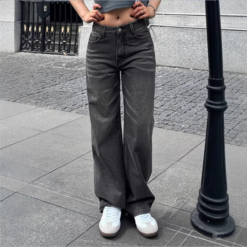 Ladies Wide High-Waist Denim Pants with Straight Leg and Vintage Stitching Chichicherry