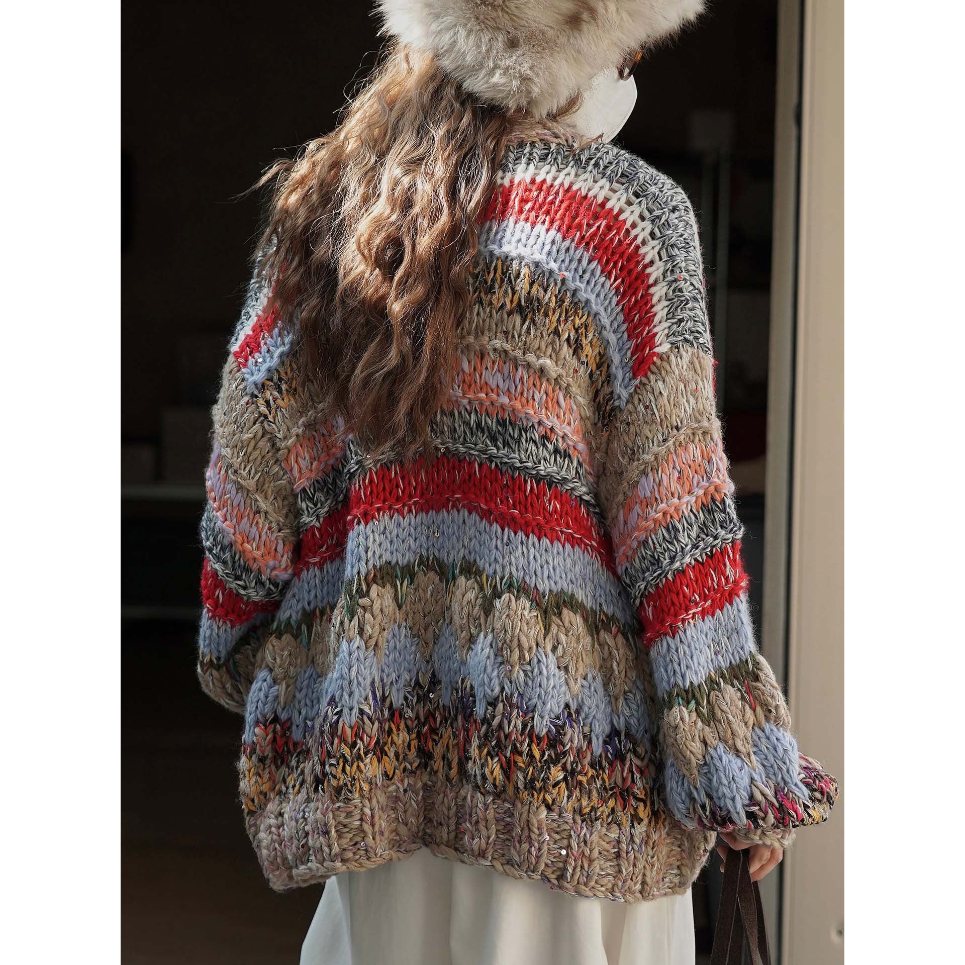 Women's chunky knit oversized cardigan with colorful block stripes and voluminous sleeves Chichicherry