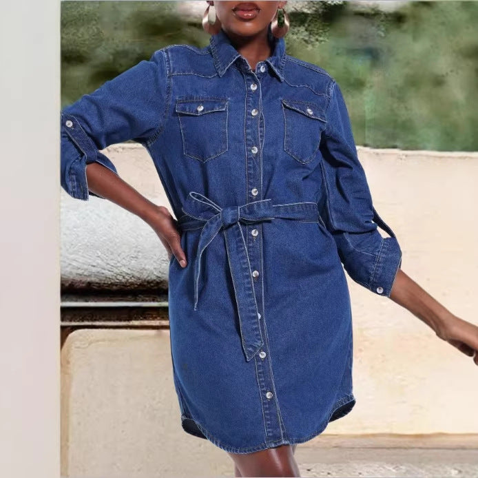 Women's denim shirt dress with waist belt and patch breast pockets Chichicherry