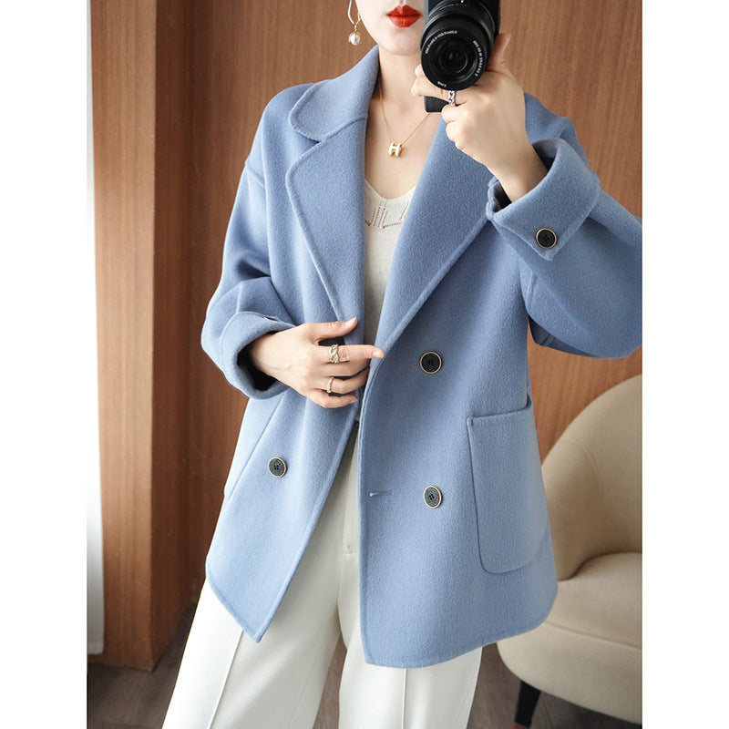 Women's short double-breasted wool blend coat with lapel collar and boxy oversized silhouette Chichicherry