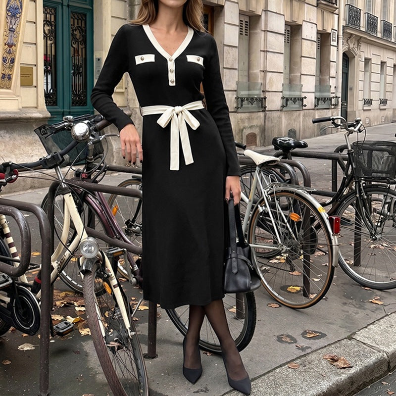 Women's Elegant A-Line Midi Dress with V-Neck, Decorative Button Placket, Contrast Piping & Tie Belt Chichicherry
