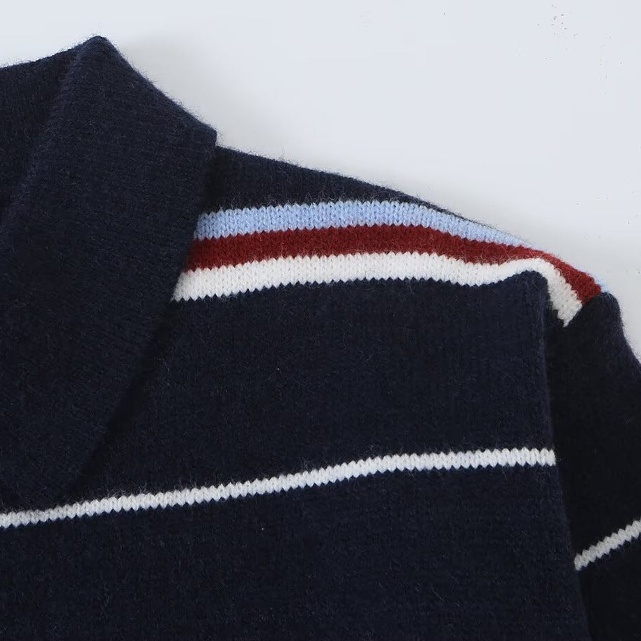 Women's Striped Knit Polo Sweater with Short Button Placket and Ribbed Cuffs Chichicherry