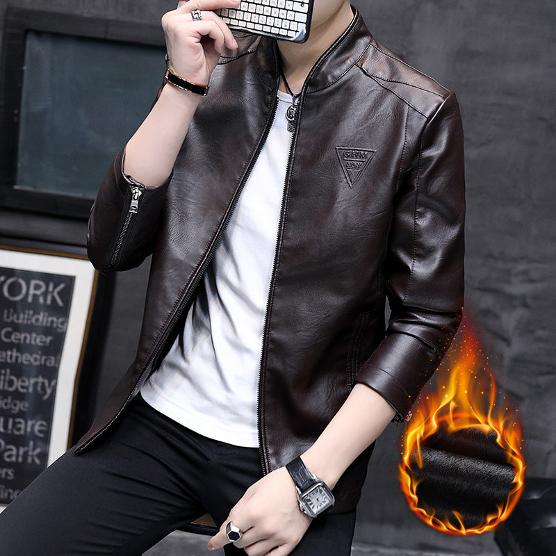 Men's Slim-Fit Faux Leather Moto Jacket with Stand Collar, Zipper Sleeves, and Minimalist Logo Application Chichicherry