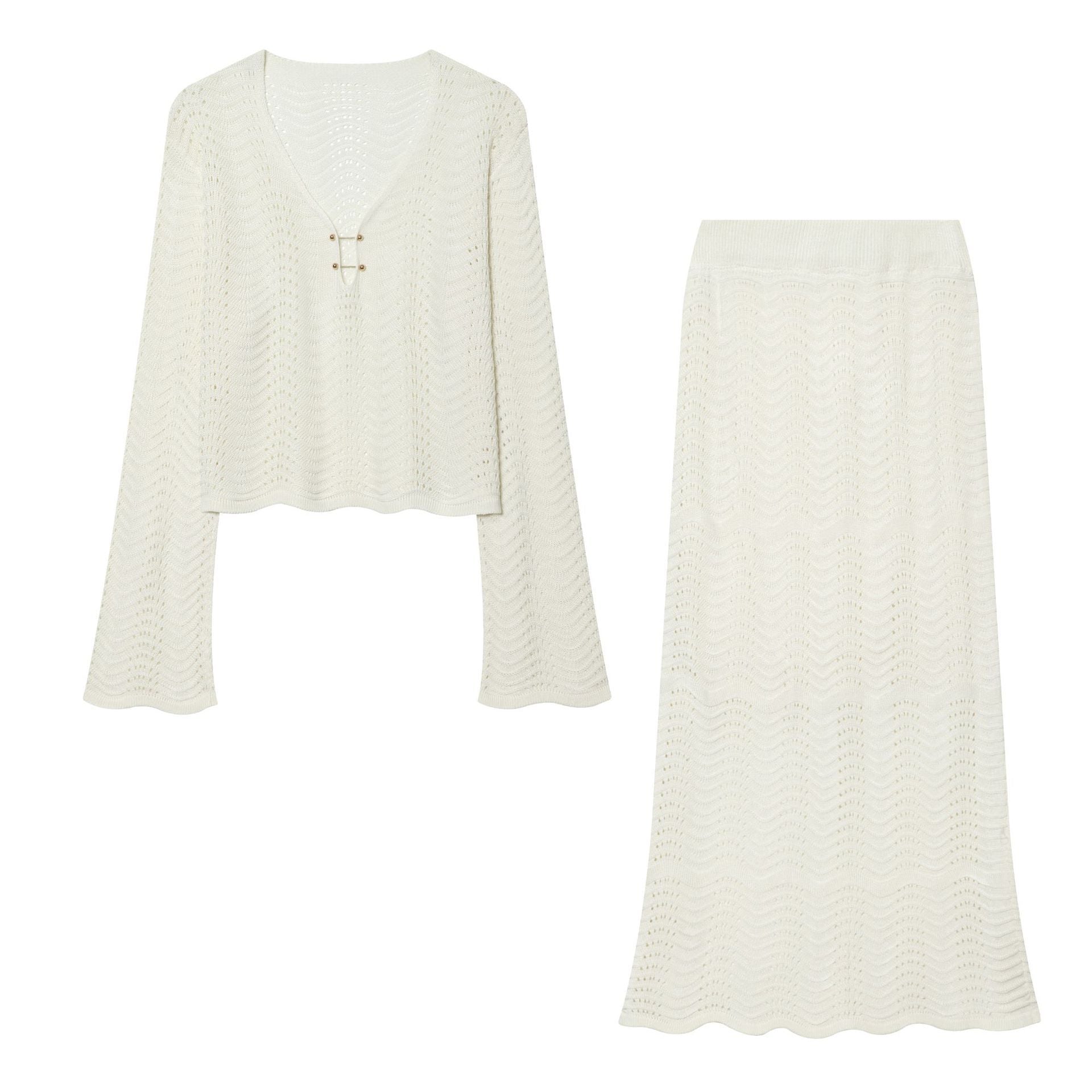 Women Two-Piece Crocheted Knit Set with V-Neck and Midi Skirt Chichicherry