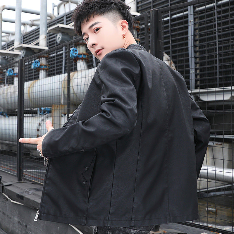 Men's slim faux leather moto jacket with stand-up collar and zippered pockets Chichicherry