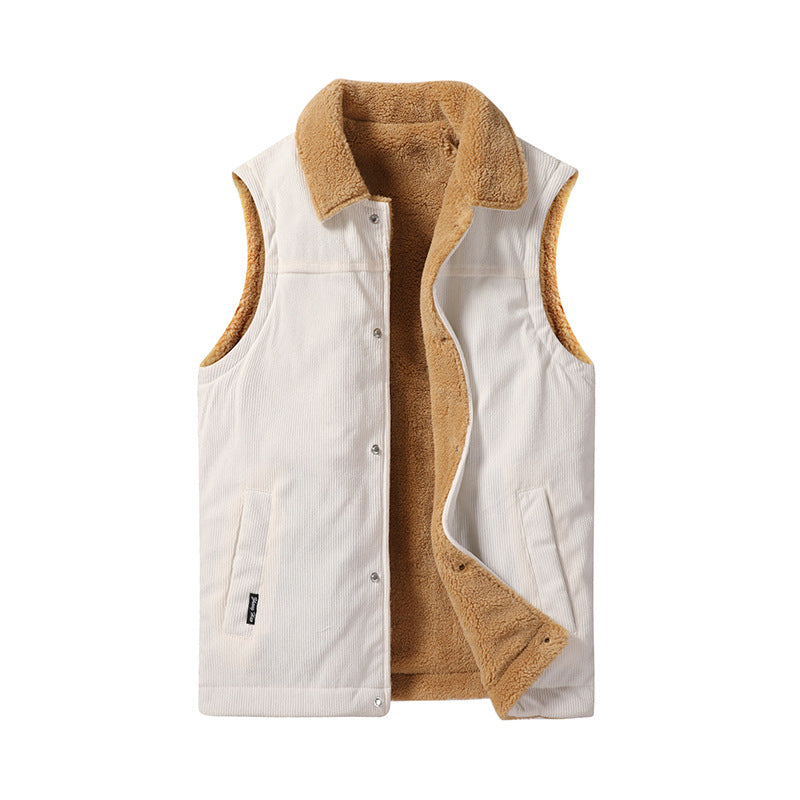 Men's Sleeveless Cord Utility Vest with Teddy Lining and Snap Button Front Chichicherry