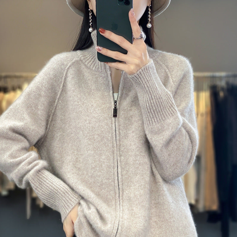 Women’s zip cardigan in cashmere look with stand-up collar and ribbed cuffs Chichicherry
