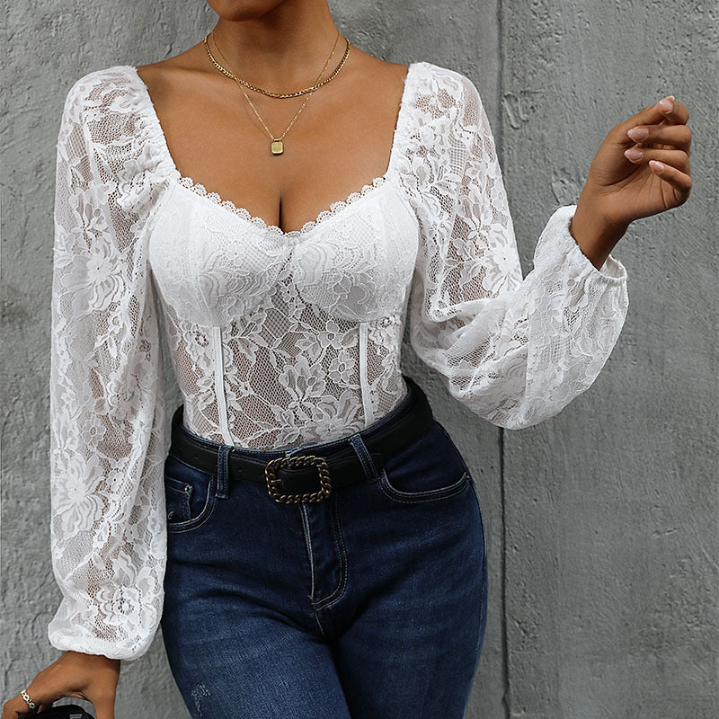 Ladies Lace Corset with Heart Cutout, Integrated Cups and Transparent Puff Sleeves Chichicherry