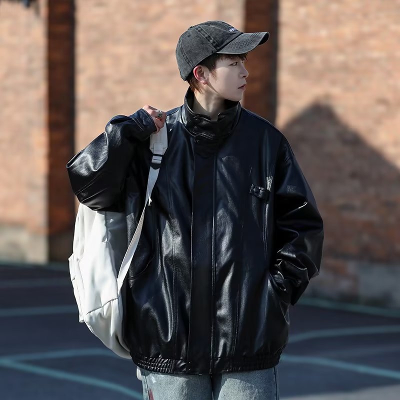 Herren Oversized Kunstlederjacke im Bomberstil mit Stehkragen und elastischem Saum Chichicherry
