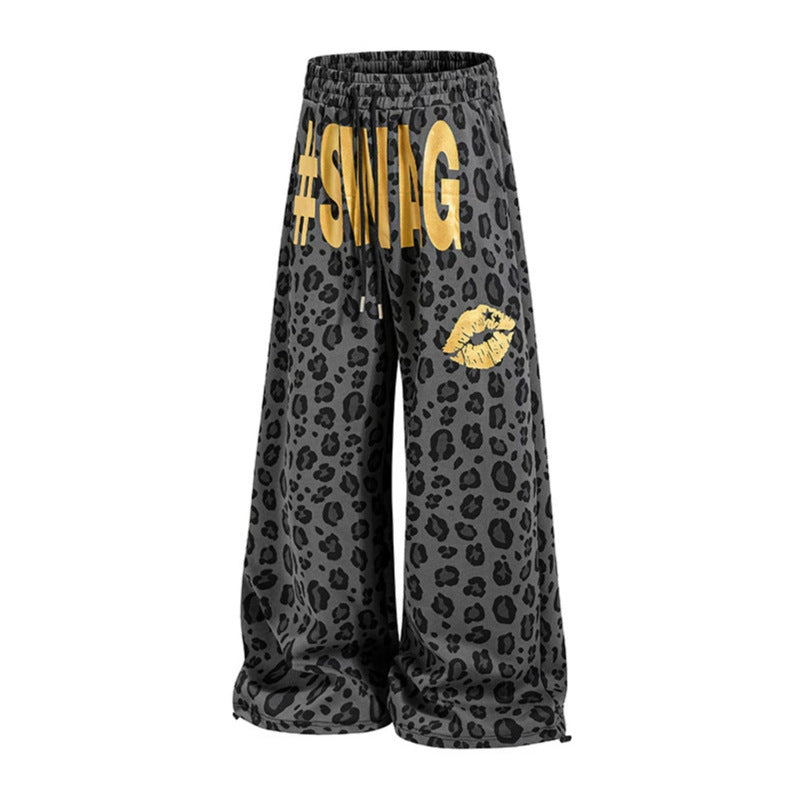 Women's Wide Palazzo Sweatpants in Leopard Print with High Comfort Waistband, Drawstring and Golden Statement Print Chichicherry