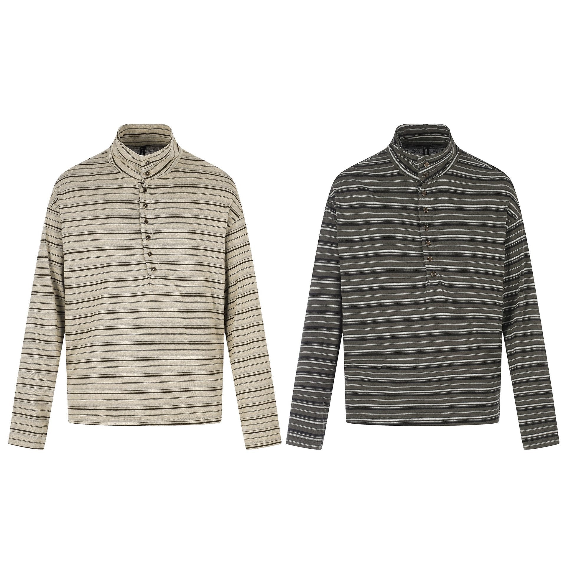 Men's fine striped henley with high stand-up collar, full button placket, and boxy cut Chichicherry