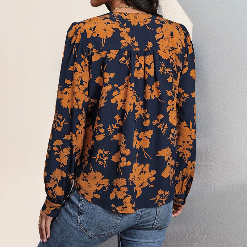 Ladies Casual Viscose Blouse with V-Neck, Floral Print and Balloon Sleeves Chichicherry
