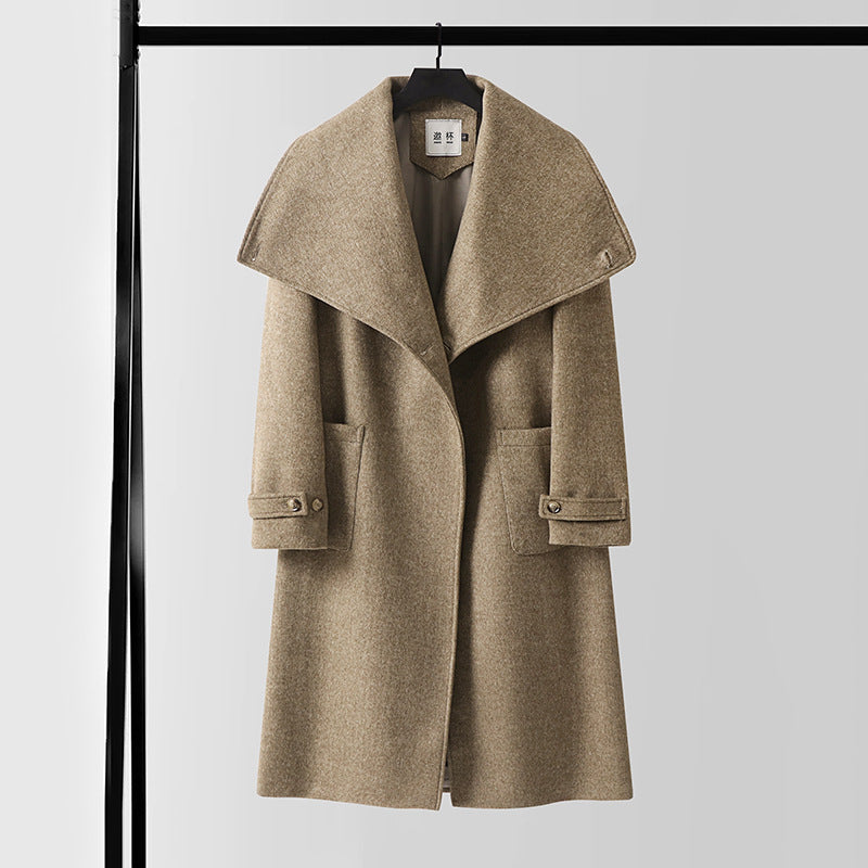 Ladies Elegant long wool mix cocoon coat with overlapping shawl collar and patch pockets Chichicherry