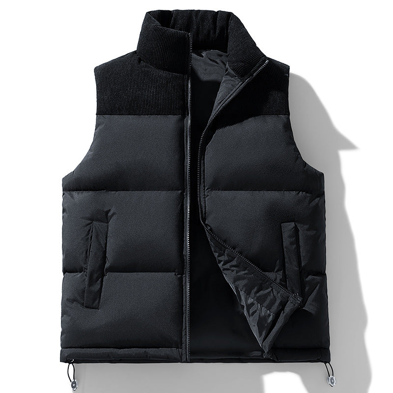Men's Padded Quilted Vest with Corduroy Shoulder Panel and High Stand Collar Chichicherry