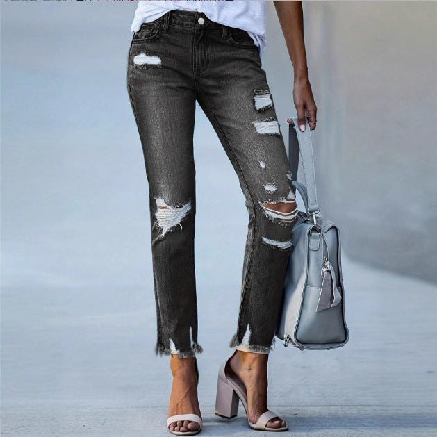 Women Cropped Destroyed Jeans with High Waist, Straight Leg & Raw Frayed Hem Chichicherry