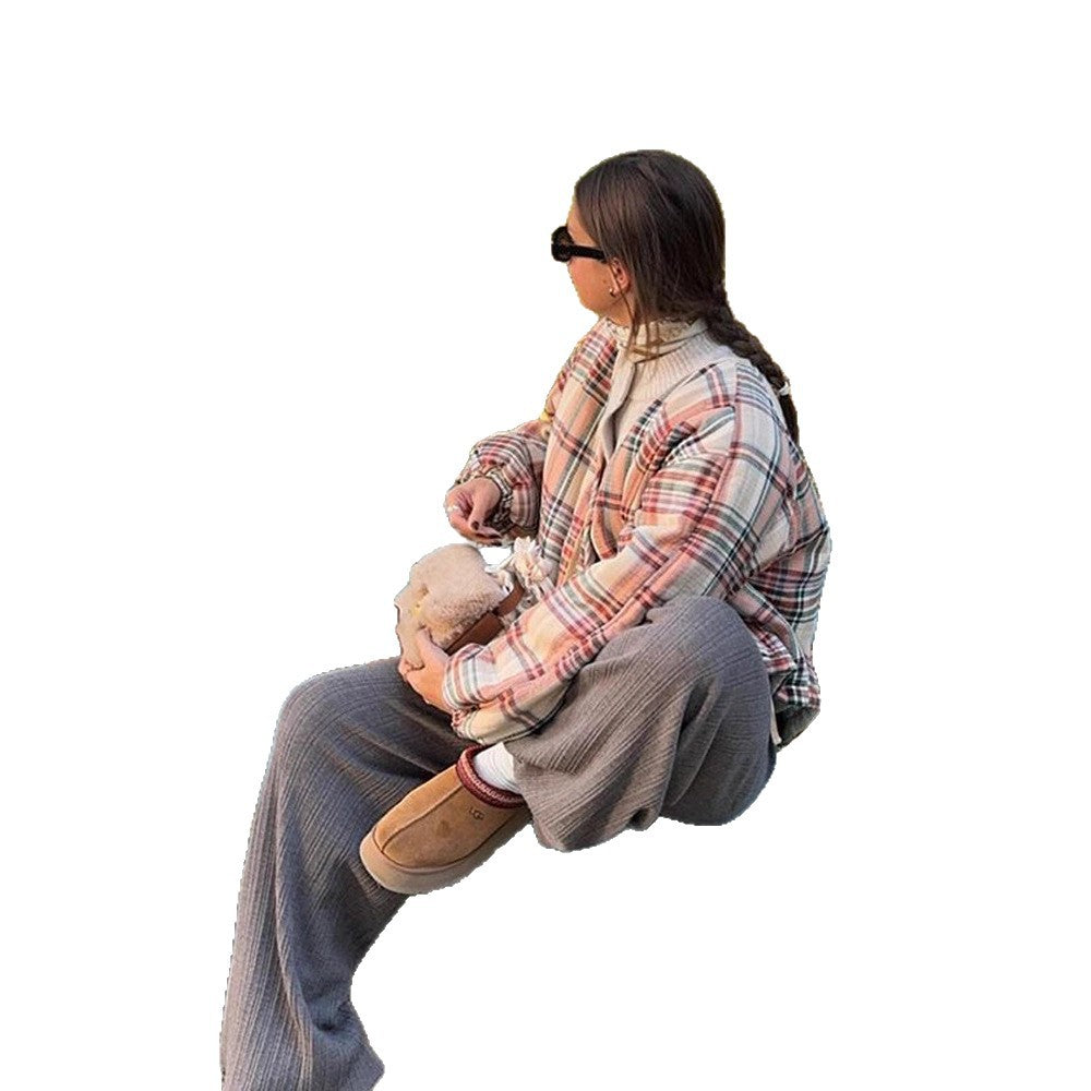 Women Padded Short Quilted Jacket in Check Pattern with Drawstring Hem and Oversized Sleeves Chichicherry