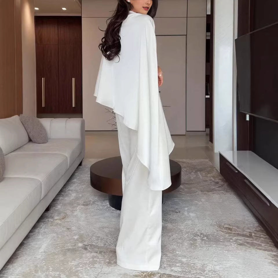 Women Two-Piece Chiffon Cape with Asymmetrical Hem and Trousers with Elastic Waist Chichicherry