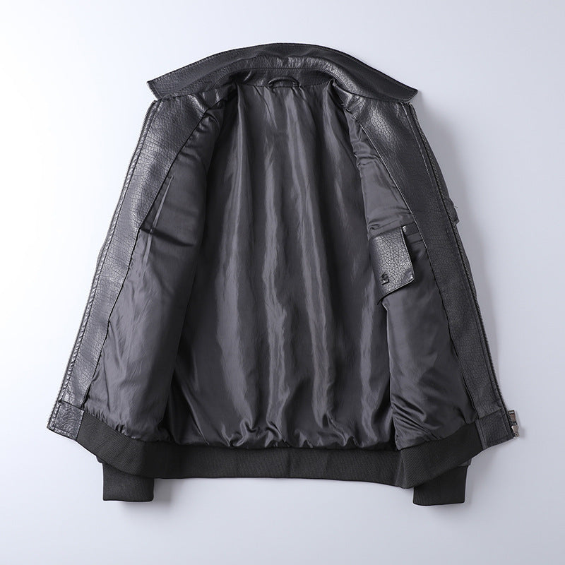 Men's faux leather field bomber jacket in pilot style with patch appliqués and front flap pockets Chichicherry