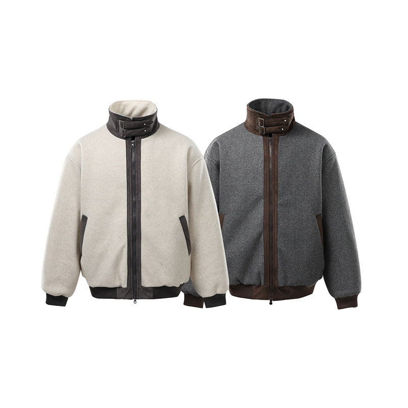 Men's short-cut boxy bomber made of wool blend with high buckle collar and velour trim Chichicherry
