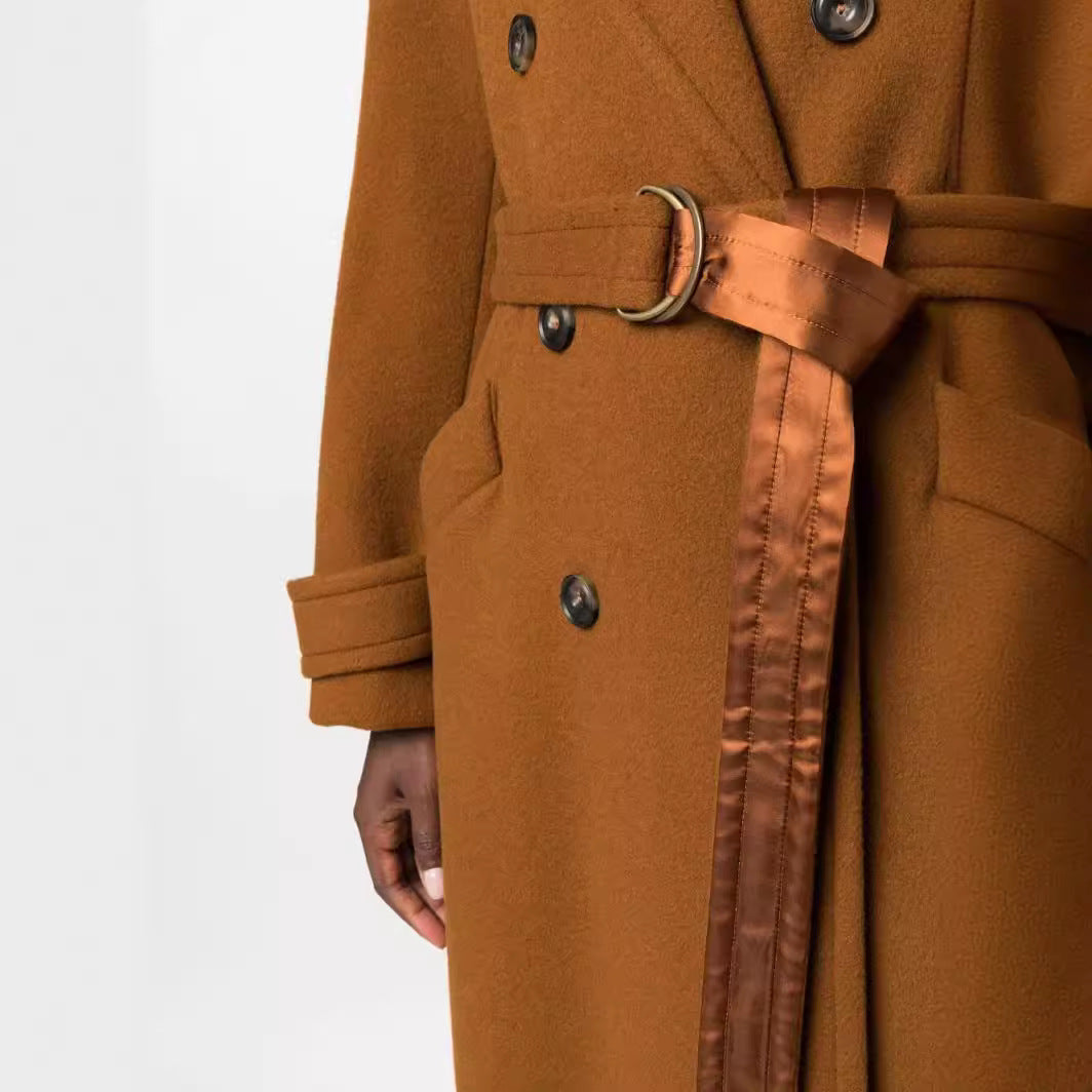 Women Maxilength Double-breasted Wool Blend Coat with Satin Ribbon Waist Belt and Rolled-up Sleeves Chichicherry