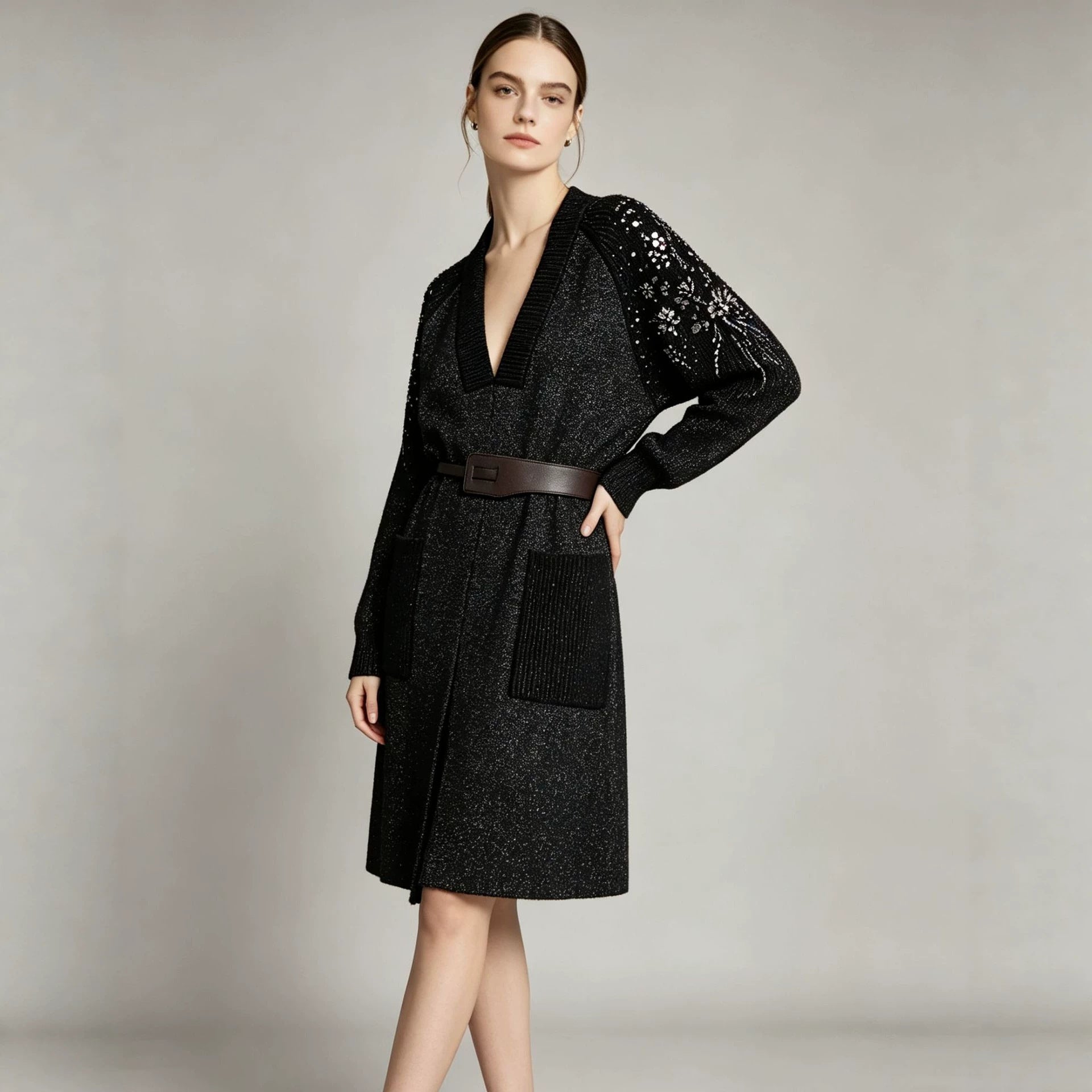 Women's Long Knitted Coat with Waist Belt and Embroidered Sleeves Chichicherry