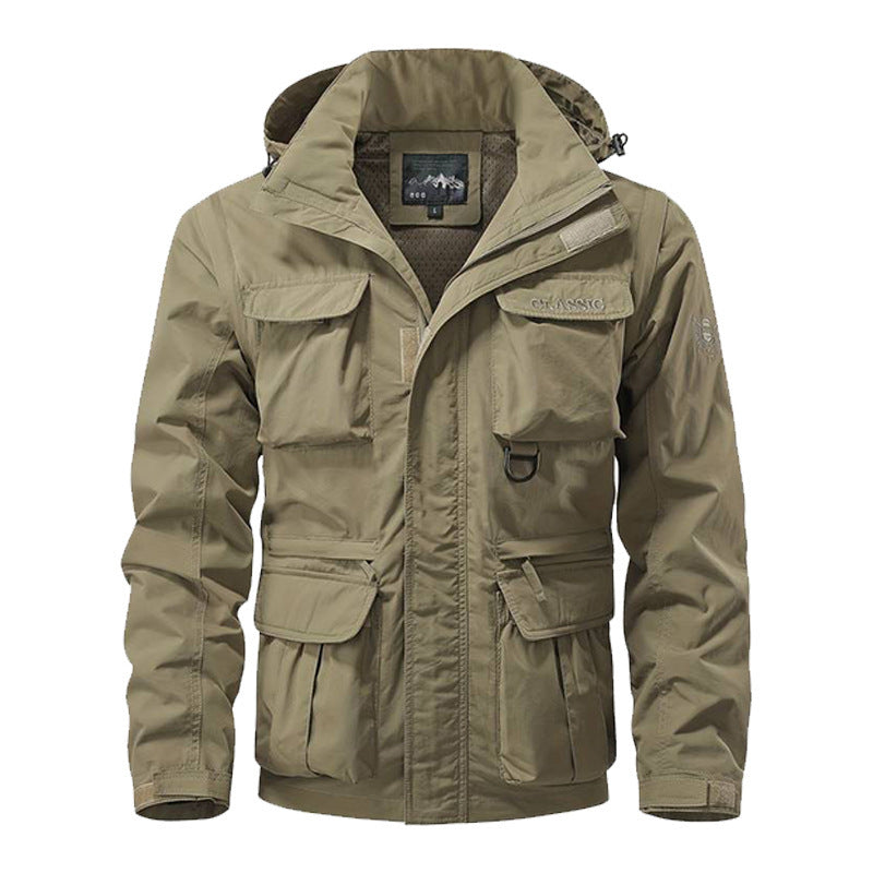 Men's multifunctional field jacket with hood, water-repellent shell, and organizer pockets Chichicherry