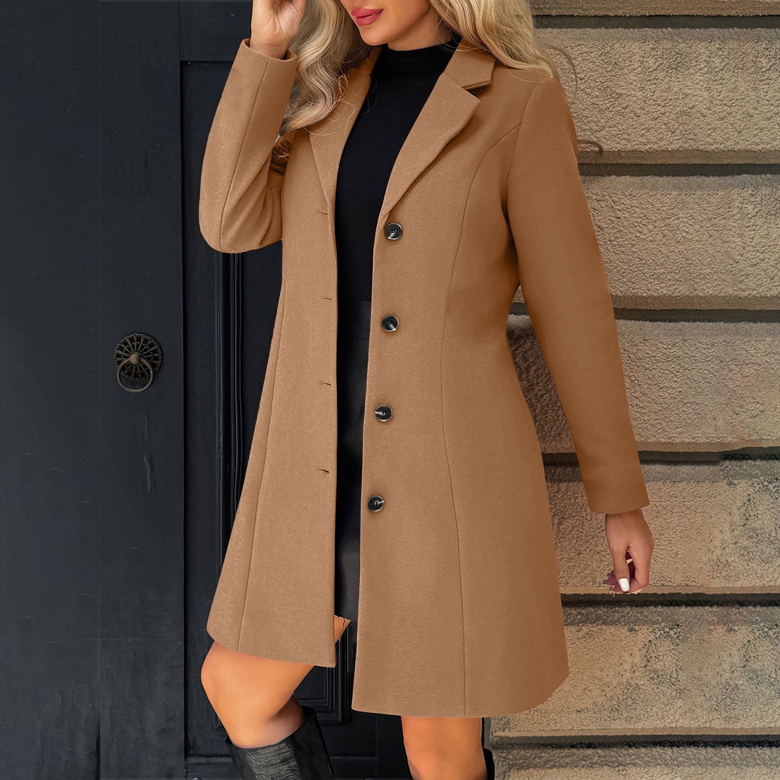 Women Tailored Short Coat with Lapel Collar and Concealed Button Placket Chichicherry