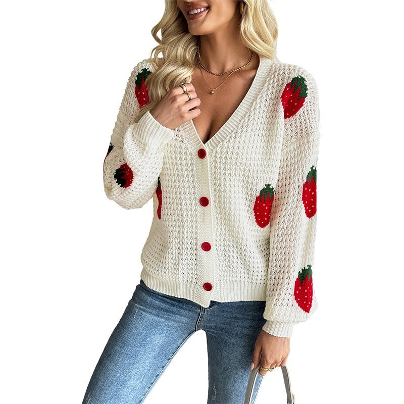 Women's Knitted Cropped Cardigan with Strawberry Intarsia, V-Neck and Button Placket Chichicherry