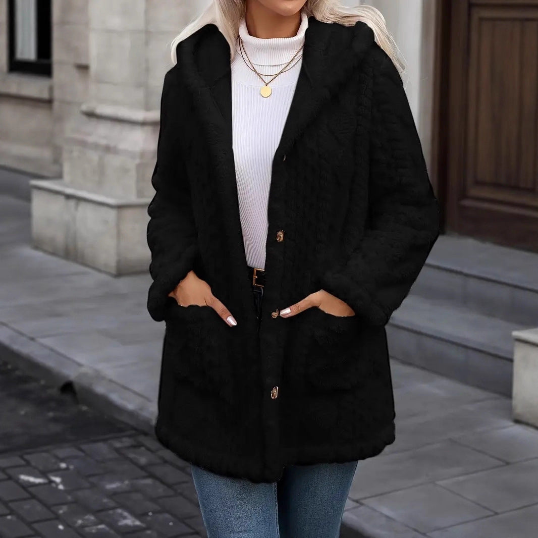 Women's Cozy Teddy Jacket with Hood, Button Placket and Patch Pockets Chichicherry