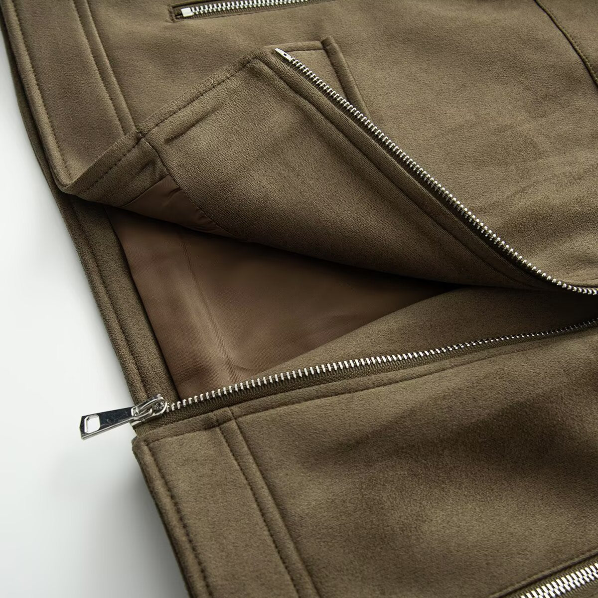 Women Asymmetrical Suede Leather Look Biker Jacket with Stand-Up Collar and Zippers Chichicherry