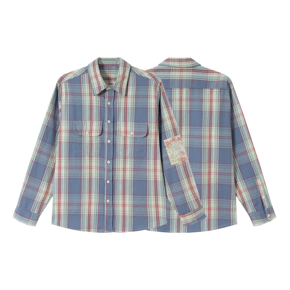 Unisex check shirt jacket in oversized cut with flap pockets and sleeve patch Chichicherry