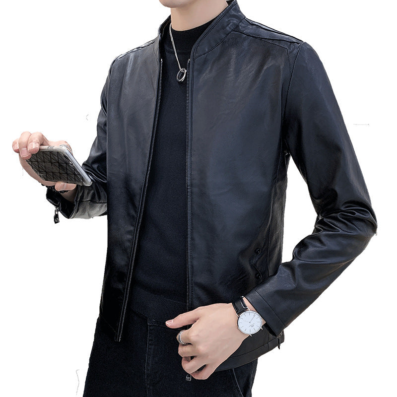 Men's slim synthetic leather blouson with standing collar and two-way zipper Chichicherry