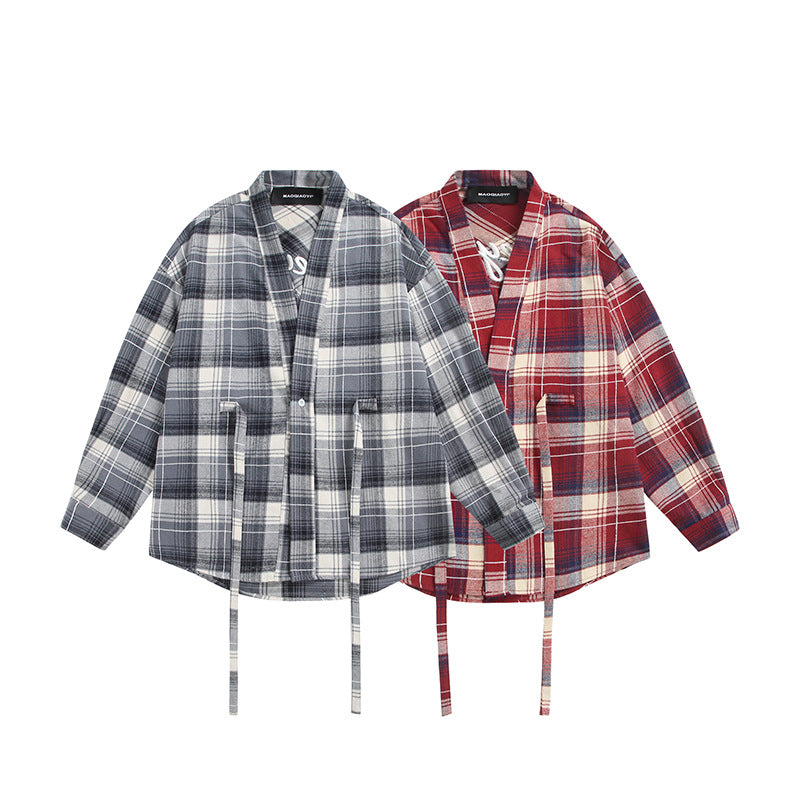 Women's Oversize Check Shirt Jacket with Kimono Cut, Drawstring Ties and Patch Pockets