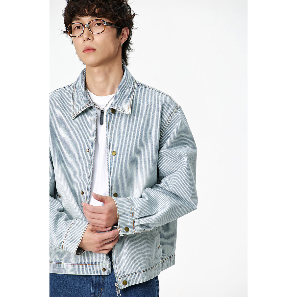 Unisex Striped Oversized Denim Jacket in Worker Style with Stand-Up Collar and Two-Way Zip Chichicherry