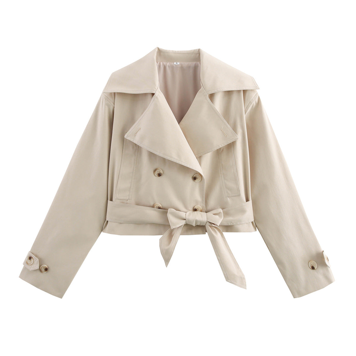 Women Short Cropped Trench Coat with Wide Shawl Collar, Waist Belt to Tie and Decorative Cuffs Chichicherry