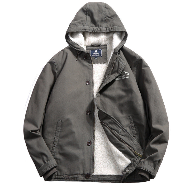 Men's Hooded Canvas Jacket with Sherpa Lining and Utility Details Chichicherry