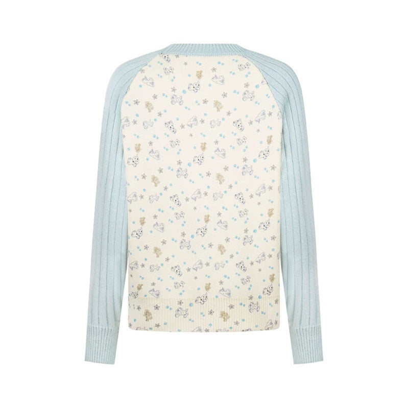 Women's fine knit pullover with appliqué statement, ribbed raglan sleeves and mini print Chichicherry