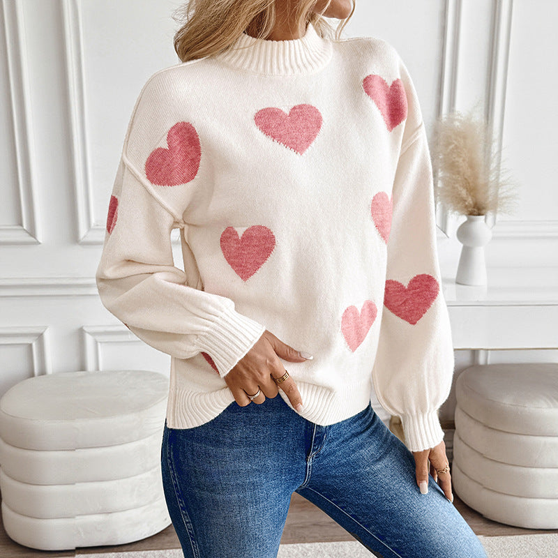 Women's Cozy Knit Sweater with Heart Intarsias and Stand-Up Collar Chichicherry