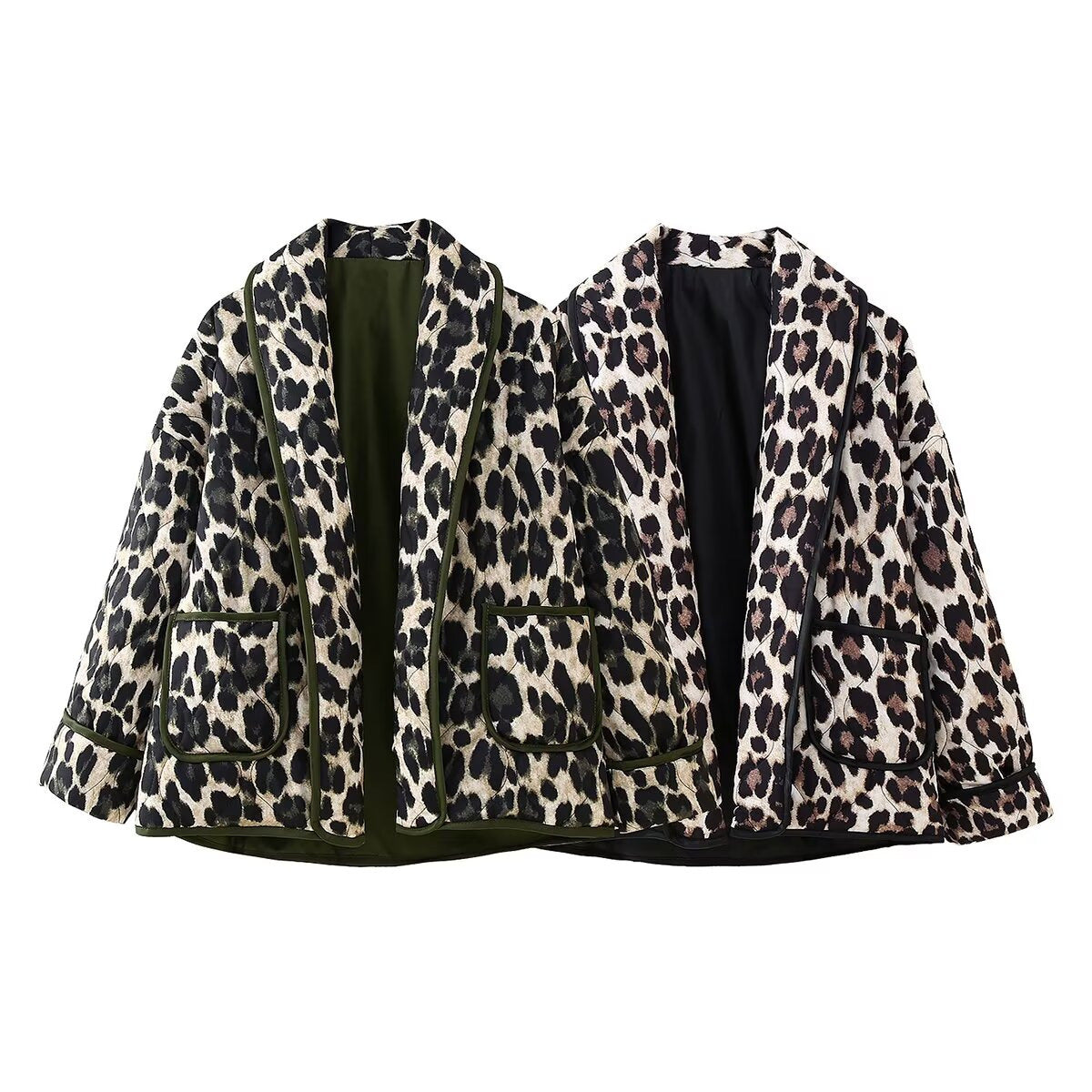 Women's Padded Kimono Jacket with Leopard Print, Oversized Cut and Patch Pockets Chichicherry
