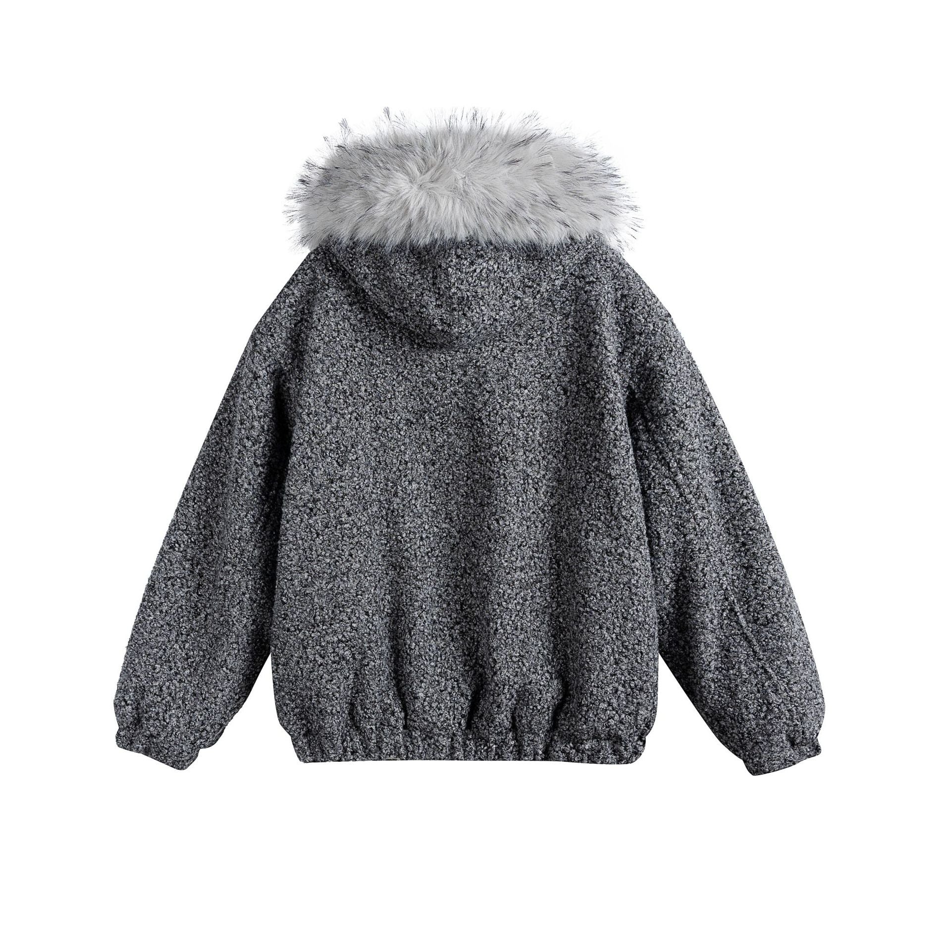 Women's Boucle Blouson Jacket with Voluminous Faux Fur Collar and Thermal Lining Chichicherry
