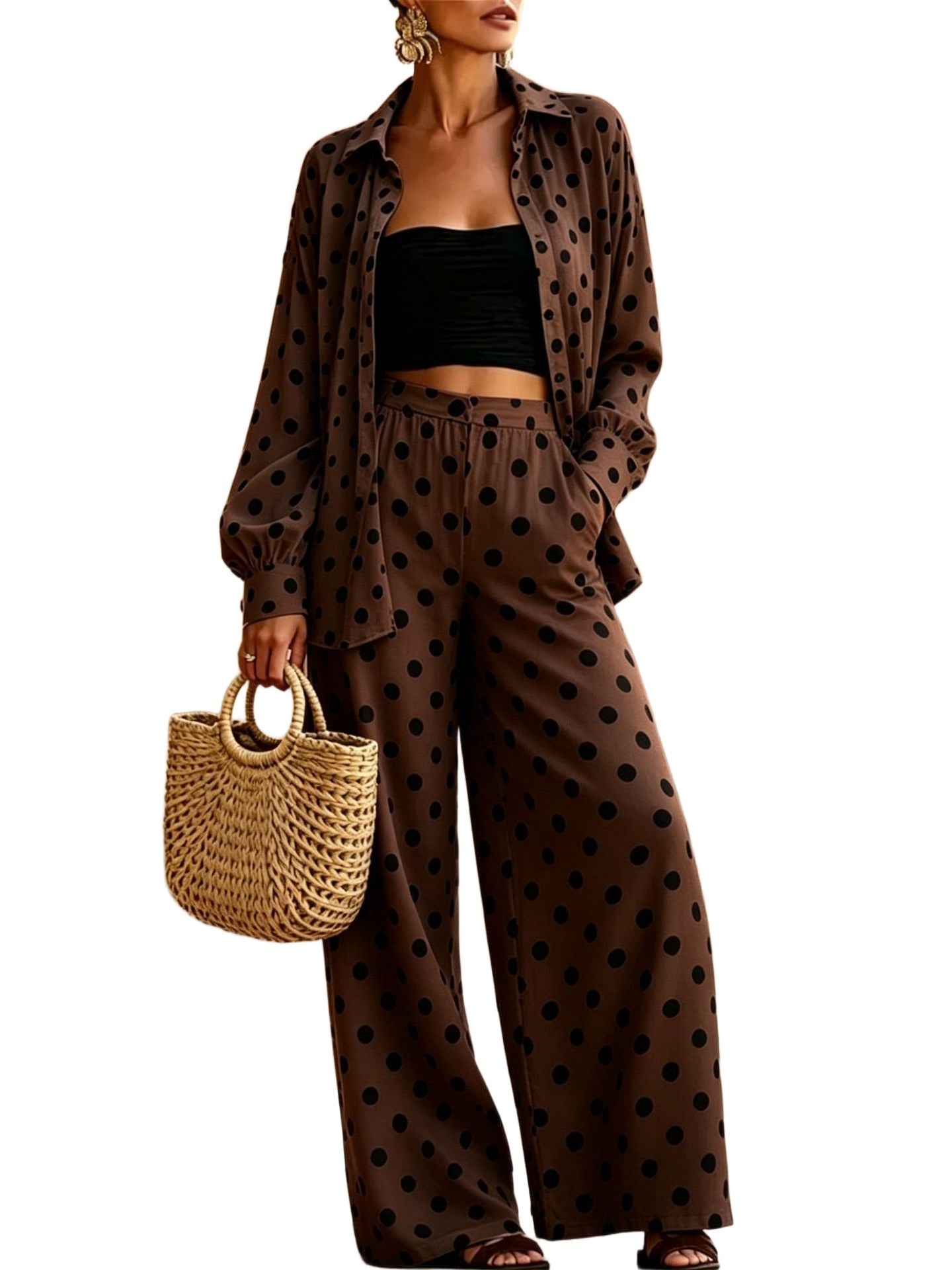Women's Two-Piece Polka Dot Loungewear Set with Loose Shirt and Palazzo Pants Chichicherry
