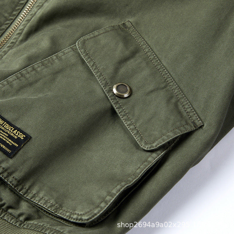 Men's Short Cut Utility Bomber Jacket with Zipper, Arm Pocket and Applied Flap Pockets Chichicherry