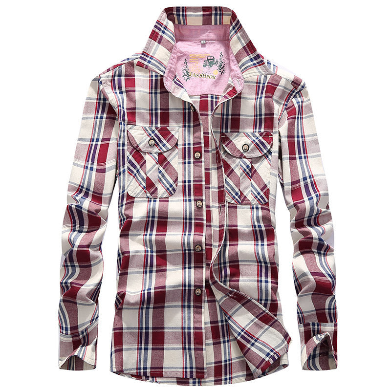 Men's Checked Cotton Flannel Shirt Jacket with Chest Flap Pockets and Shirt Collar Chichicherry